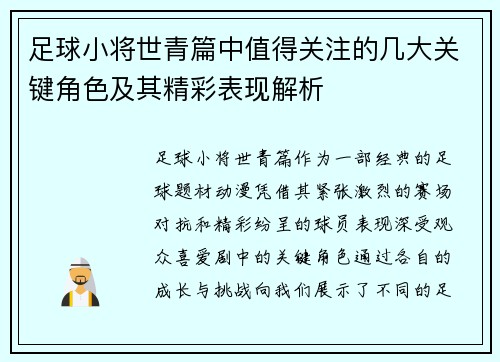 足球小将世青篇中值得关注的几大关键角色及其精彩表现解析